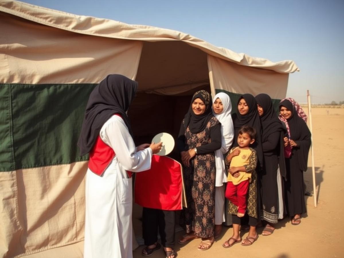 A nurse examining a child at a mobile health clinic tent in rural Yemen