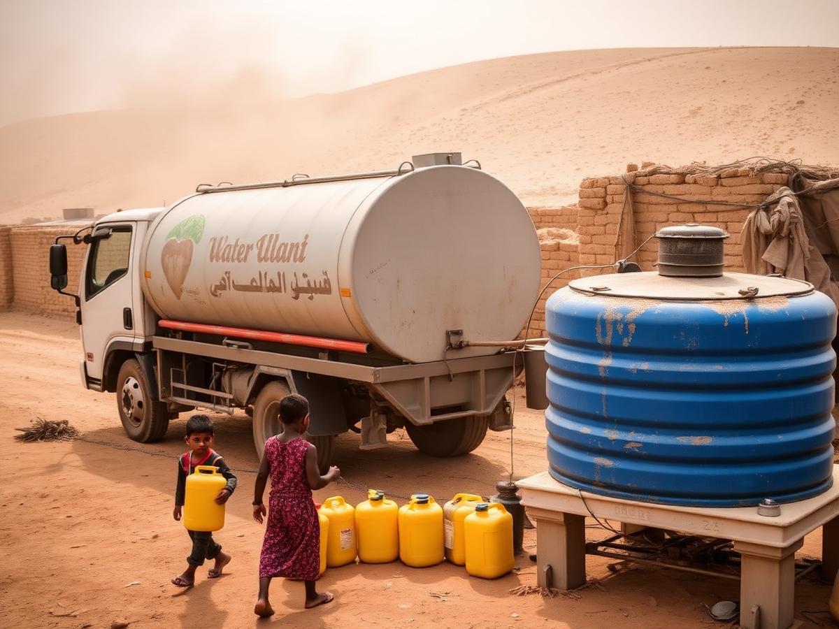 A water tanker filling a community tank while children carry jerrycans