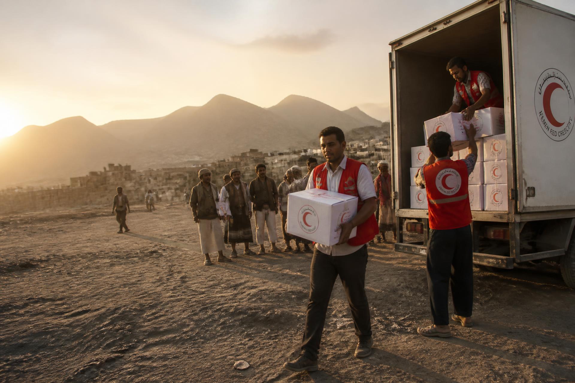 Red Crescent volunteers unloading relief boxes from a truck at sunset in a Yemeni town
