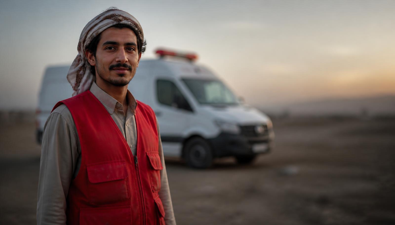 A Yemen Red Crescent volunteer standing in front of an ambulance at dusk